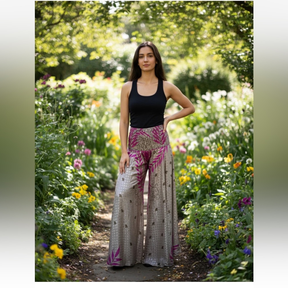 Elegant Pink Tan Gray Women's Wide-Leg Pants Harem Sari Spring Silk Festival NEW